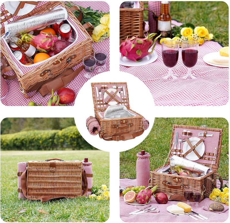 WILLOW WEAVE Picnic Basket for 2, Picnic Baskets with Waterproof Blanket, Picnic Hamper Set with Washable Beach Mat & Large Insulated Cooler Compartment, Handmade Natural Wicker Hamper for Camping, Outdoor Party - Image 2